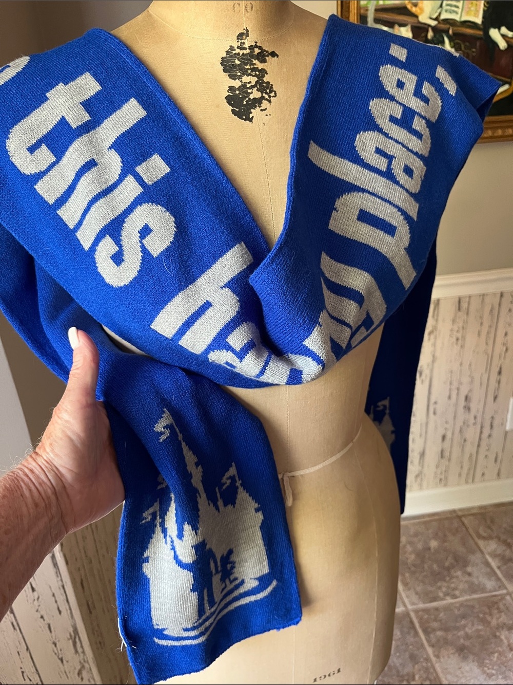 Disney Royal Blue and White Knit Scarf with Castle Motif “To All Who Come”….